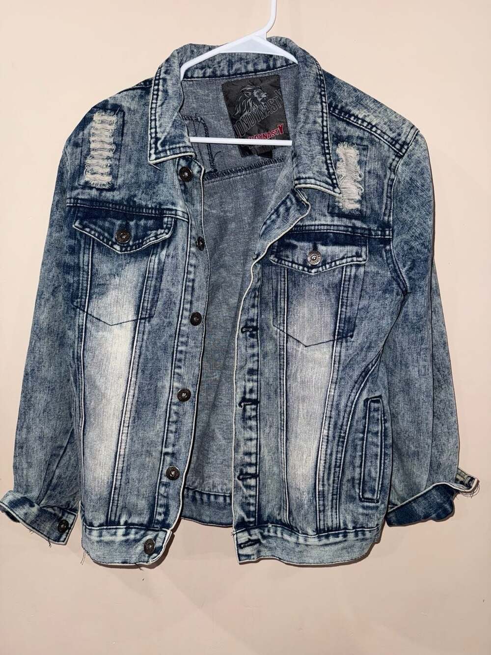 Lion Dynasty Denim Jacket Size L Acid Wash Distressed